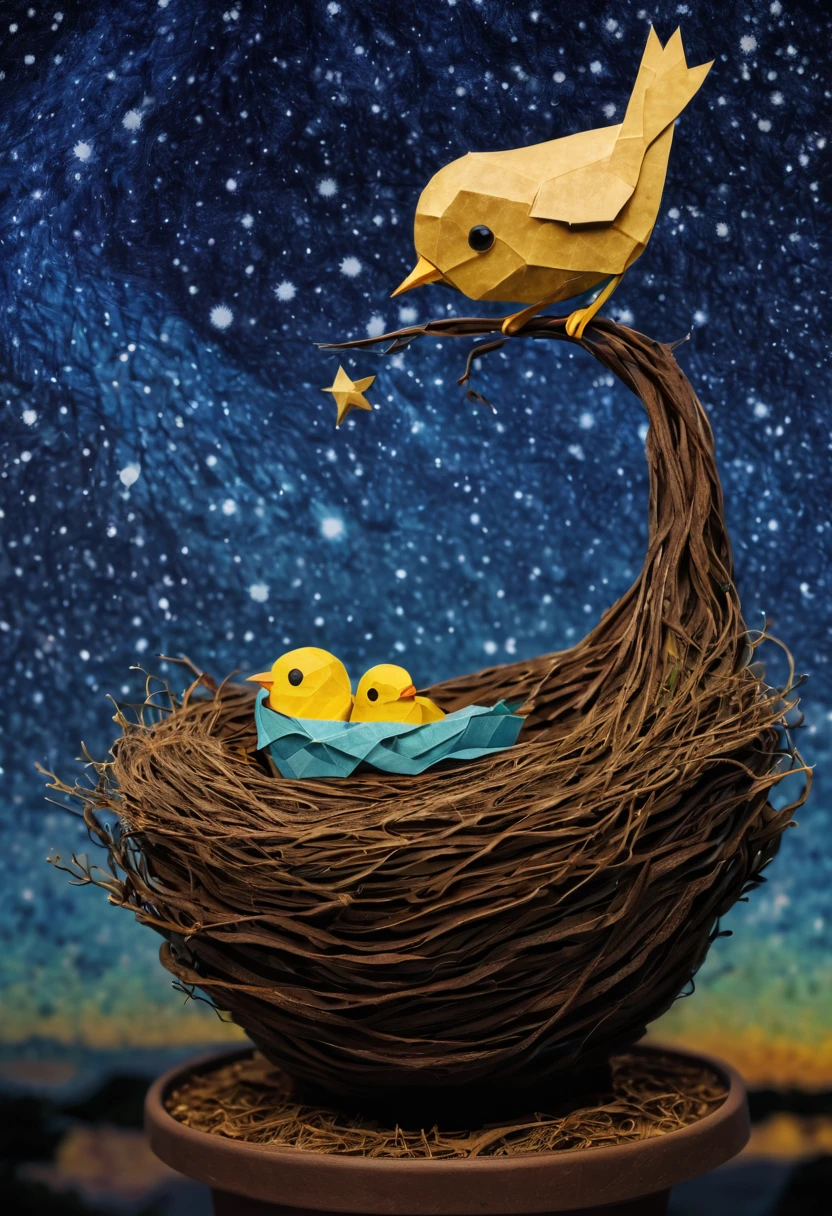a newborn bird, the bird is abnormally fat and the nest is located in a bonsai, the nest breaks due to the weight of the chick and the chick falls, in a pot, surreal, funny, comic, starry sky, zentangle, origami, cinematic, emotional, epic, vincent van gogh,....by my self...lol