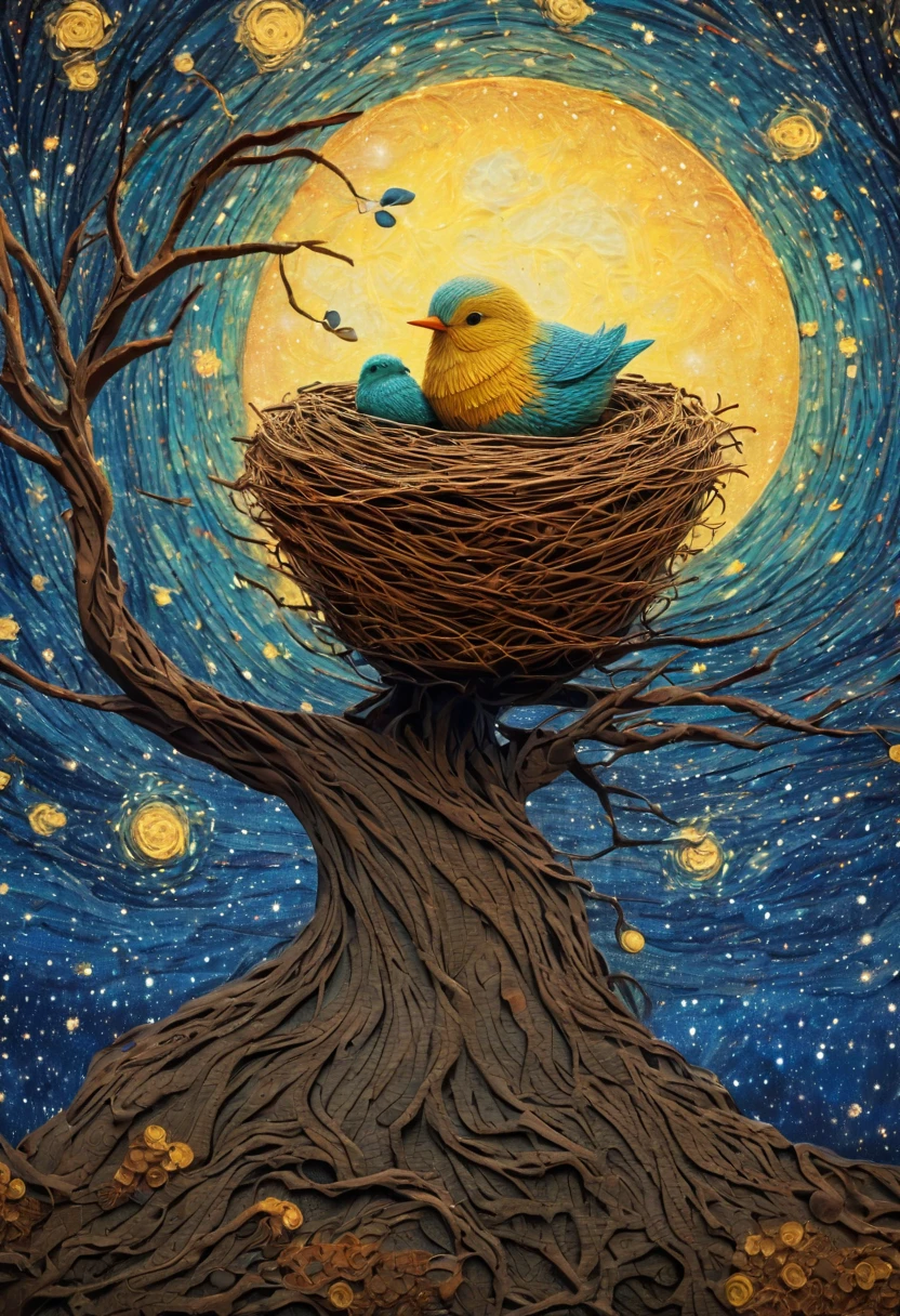 a newborn bird, the bird is abnormally fat and the nest is located in a bonsai, the nest breaks due to the weight of the chick and the chick falls, in a pot, surreal, funny, comic, starry sky, zentangle, origami, cinematic, emotional, epic, vincent van gogh,....by my self...lol