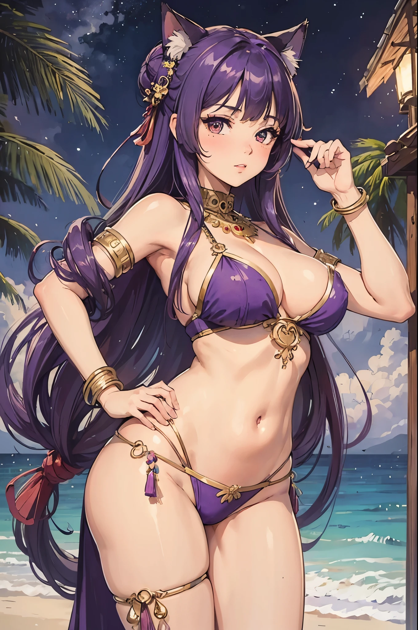 ((best quality)), ((masterpiece)), (detailed), perfect face, girl, purple hair, long hair, tropical beach theme, hands on hips, hair in bun, cat girl, belly dancer outfit, shrine theme, night theme, 