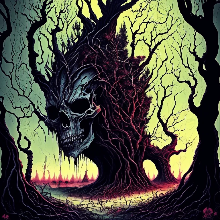 a monster,(((tree))),(tree monster),sole,moving twisted tree with many skulls,dead rotting skin on the face,detailed rotting peeling dead skin,full body view,(in the dark forest),overgrown tomb,woodland cemetery,dark cursed forest,nocturnal environment,scary atmosphere,menacing tree branches,withered leaves,haunted environment,distorted reality,dark and gloomy colors,gothic art style,fusion of horror and fantasy