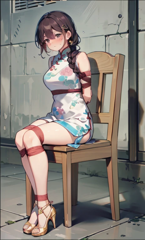 masterpiece, best quality,alone,((Imprisoned)),((blush)), ((tears)), (()),((Exhausted)),((High heel)),((cheongsam)), (((()))),((arms_behind_Back)),((Bondage)), ((Bound arms)),((chaili)),