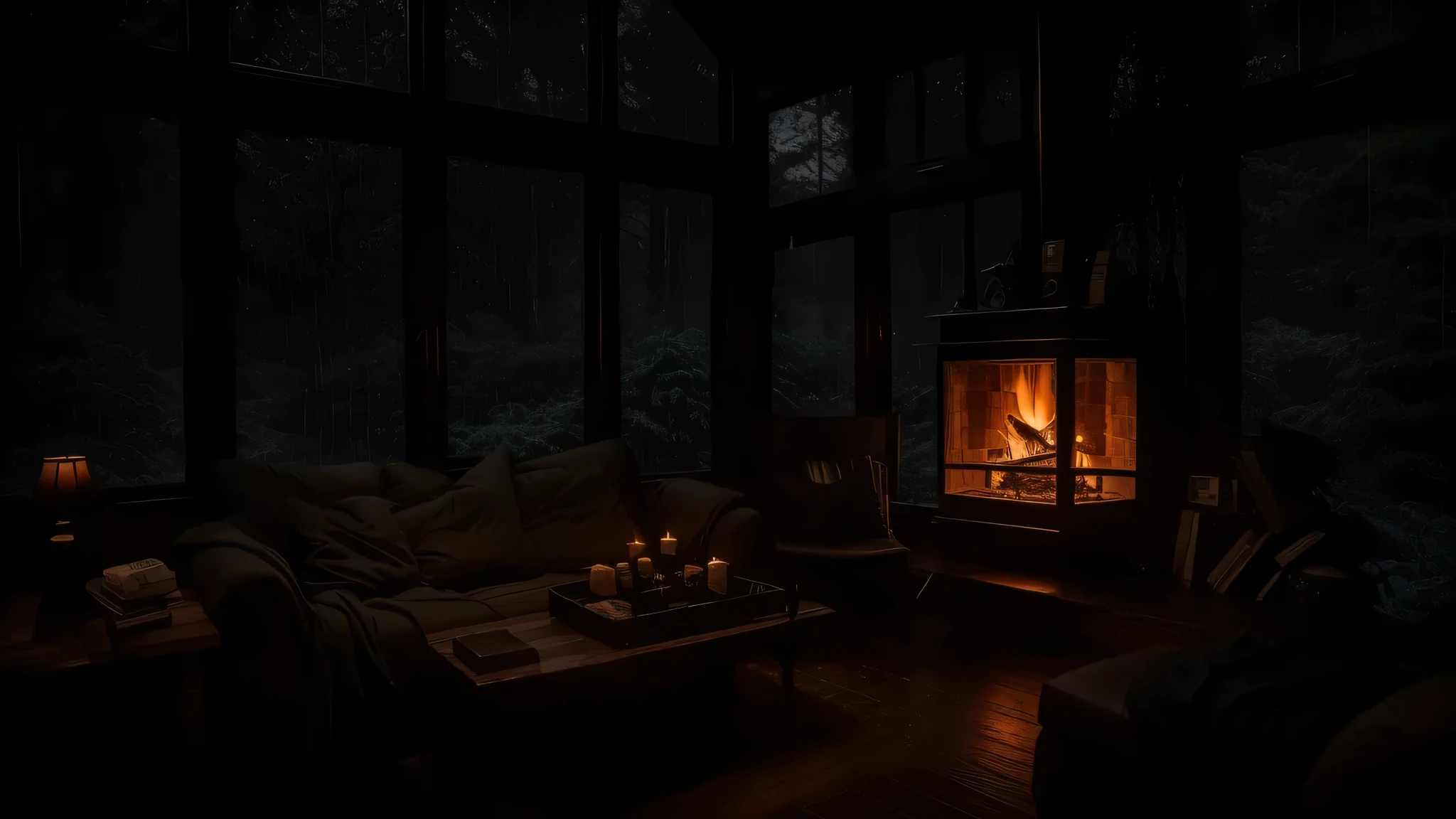 Darkly lit room with a table and bookshelves, cool and rainy night, cozy spot, heavy rain at night, comfortable setting, rain outside, big window looking out over the forest, moody cinematic atmosphere, atmosphere cozy, cozy living room, rainy night mood, cozy rain, gloomy lighting, gloomy cinematic lighting, cozy and peaceful atmosphere, with fireplace warm rooms, dark interiors, surreal cinematic views, and surreal machines