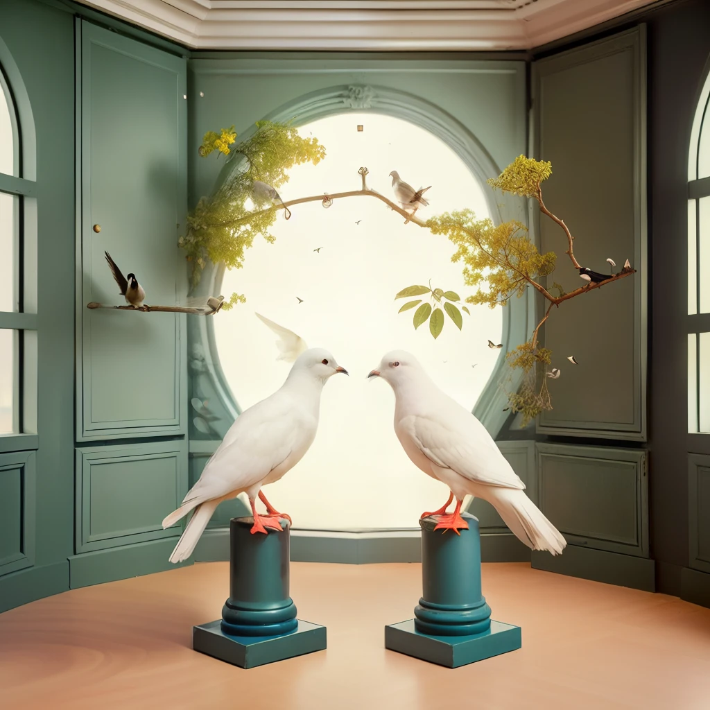 There are two white birds standing on a pedestal in front of the window, pigeons : : Rococo, inspired by Frieke Janssens, by Joop Sanders, pigeons, author：Daniel Mertens, David La Chapelle, author：david bailey, author：Paul Bird, Surreal sparrows, Danila Tkachenko