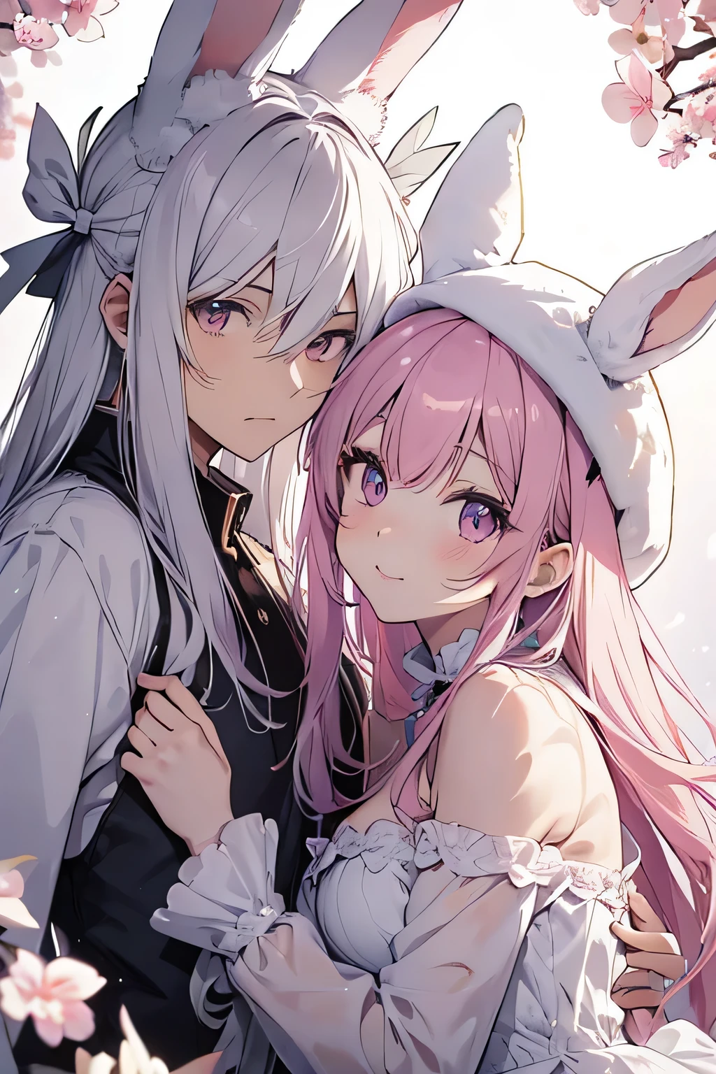 Couple surrounded by rabbits,Wearing a white bunny hat、pink ballpoint pen、portrait、An anime picture、soft light、Soft colors——