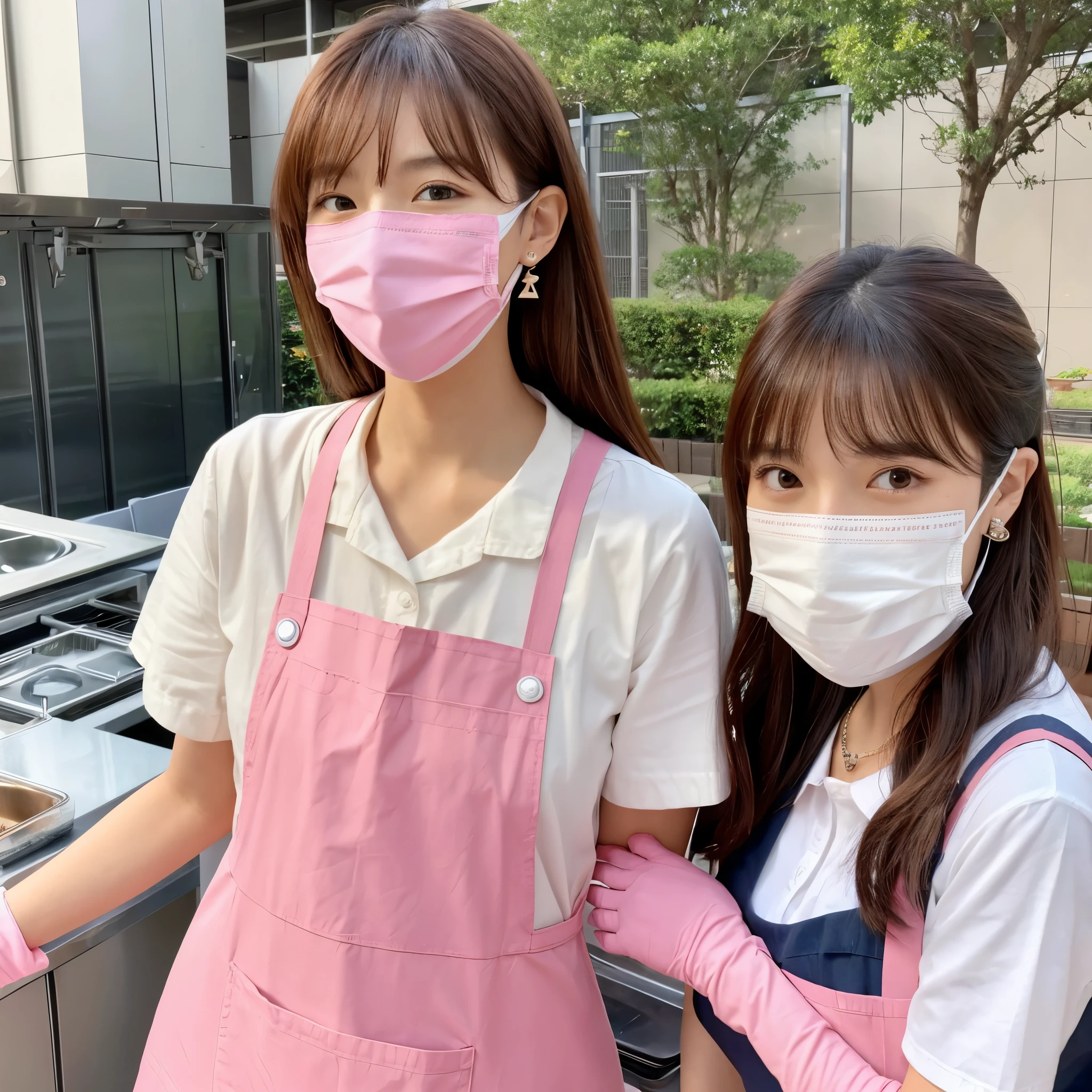 Japanese 20 year old female brown hair、earrings、necklace、Beautiful teacher、Pink Apron、rubber gloves for cooking、mask、Triangle scarf、white shirt、jeans、high heels