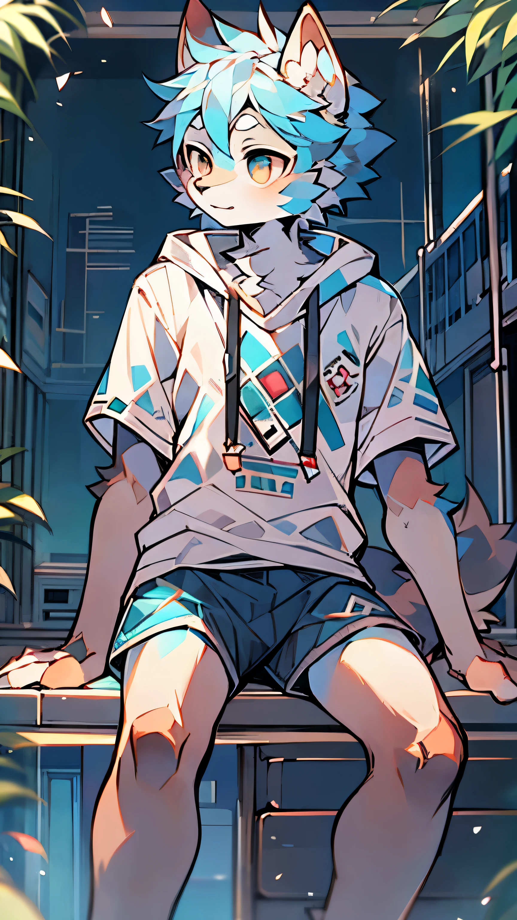 God of Art Super Top Quality, super detailed, high resolution, Anime cute art style, The best anime, 8k, Kona sauce wallpaper, pixiv contest winners, perfect anatomy, Look up, (Energetic teenager, :1.3), Cat, androgynous charm, student, hairy, (Blue-white hair), sweatshirts, sitting, rest, The iris and pupil are well proportioned, (boys' medium long hair:0.7), high resolution详细的头发, under the summer sun, blue sky, (blue sky:0.5), on the street