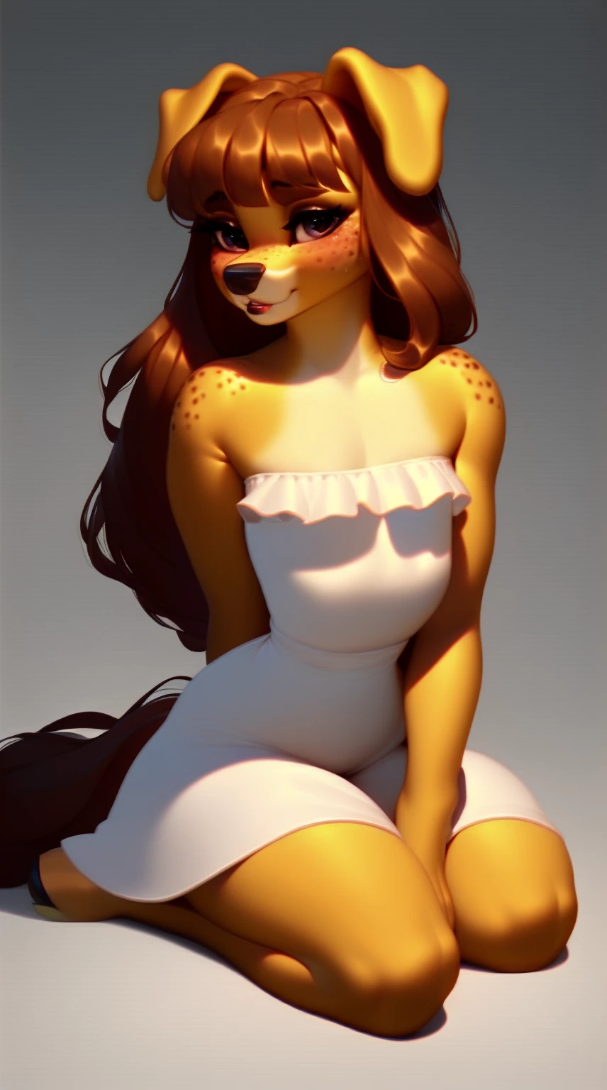 (score_9), (source_ derpibooru_p_95), (canine), ((anthro domestic dog :1.1)), (shoulderless short sun dress), shy, blushing, solo, realistic long hair, bangs, anatomically correct, flat chest, curvy figure, high res, pink bottom lip, extremely detailed, tween, filly, absolutely stunning, freckles,