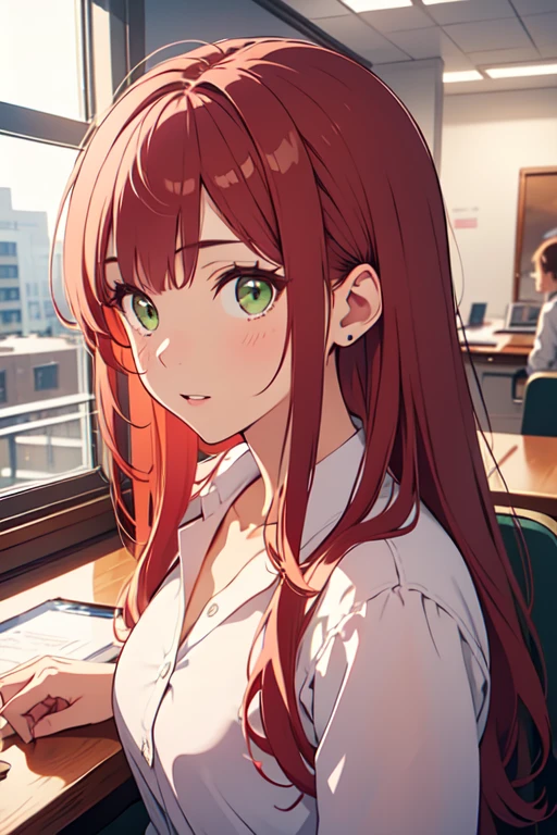 ((best quality)), ((masterpiece)), (detailed), perfect face, woman wearing office clothes, red hair, long hair, green eyes,