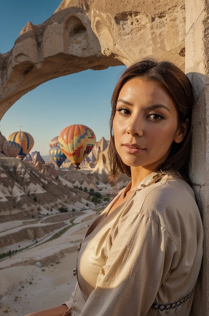 A model with features like Eva Longoria at the Cappadocia balloon festival, as seen from the rooftop of a hotel.

Oil painting, [vibrant colors], [professional], [bokeh]
(best quality, 4k, highres, vivid colors), [ultra-detailed], [realistic], [physically-based rendering]
Eva Longoria look-alike, [beautiful detailed eyes], [beautiful detailed lips], [long eyelashes], [exquisite facial features]
Cappadocia balloon festival scene, [colorful hot air balloons], [balloon rides], [balloon-filled sky], [rooftop view]
[from a luxurious hotel], [expansive panorama], [scrolling hills], [unique rock formations]
[gentle breeze], [early morning lighting], [warm sunlight], [golden hour]
