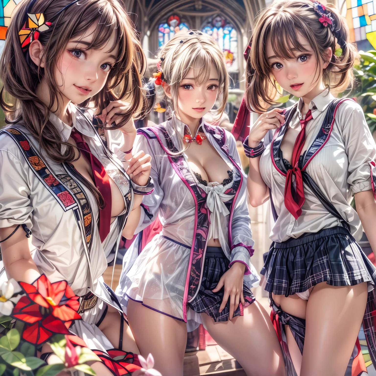 (White and Red, Acutance:0.8), (Masterpiece:1.2), (physically-based rendering with ultra-detailed, ((realistic and photorealistic with touch of rawness:1.37))). A group of KAWAII girls in opened school uniform (((with visible Cleavage without bra:1.2))) . (((extremely detailed KAWAII face variations) with joyful expressions)), { Navel | (pretty Ass) | Overflowing underboob | (White panties) | (full of Flowers covering girl's body:1.2) | (Dazzling colorful stained glass with delicate details:1.37) } . (Exposed:1.2), (((nipple:-0.99))), ((NSFW:-0.95)) .