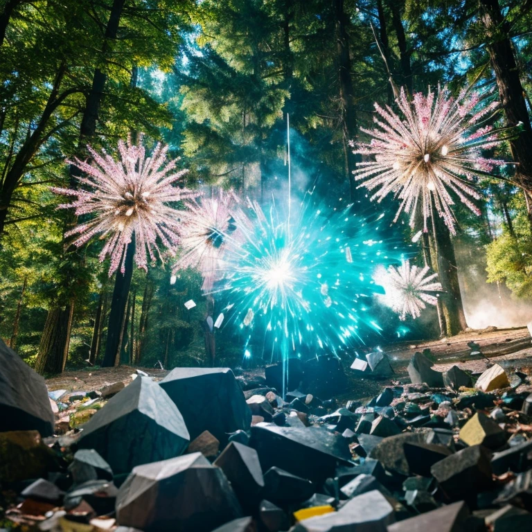 Crystal jade,explosion,Self-detonation,crystal fragments scatter,trees,