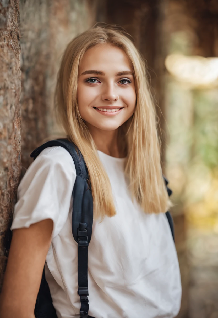 A portrait of a very beautiful, innocent, smiling girl 20-year-old girl, in school dress, with backpack, blonde, looking directly at the camera