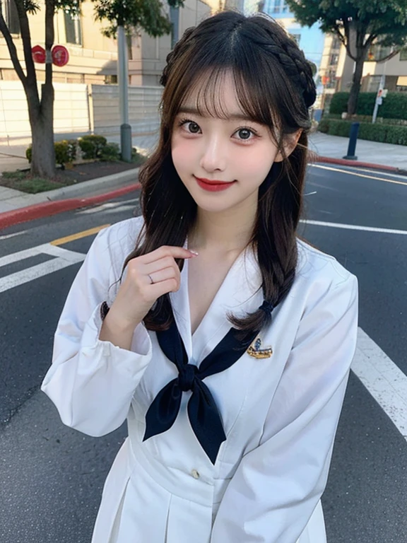 Women with branded hair、perfect asian、Whitening、double eyes、high school girl、sailor suit、smile at the camera、