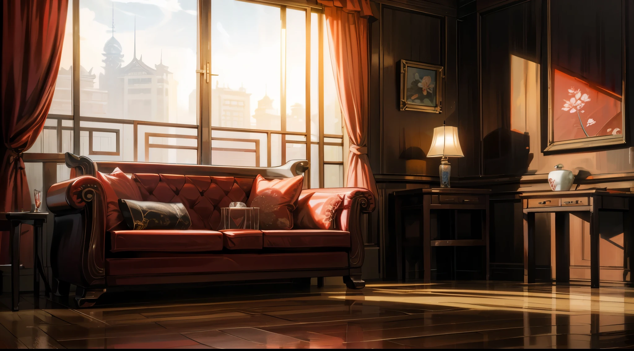 Shanghai Bund Old Shanghai Paramount Gorgeous Classical Decoration Chinese Classical Red White Black Quiet Afternoon Indoor Dining Table Sofa Floor Lamp Flowers Roses Ancient Style Decoration Mafia No One Portrait Pure Indoor No One Floor-to-ceiling Windows with Scenery Outside, sunset is nice