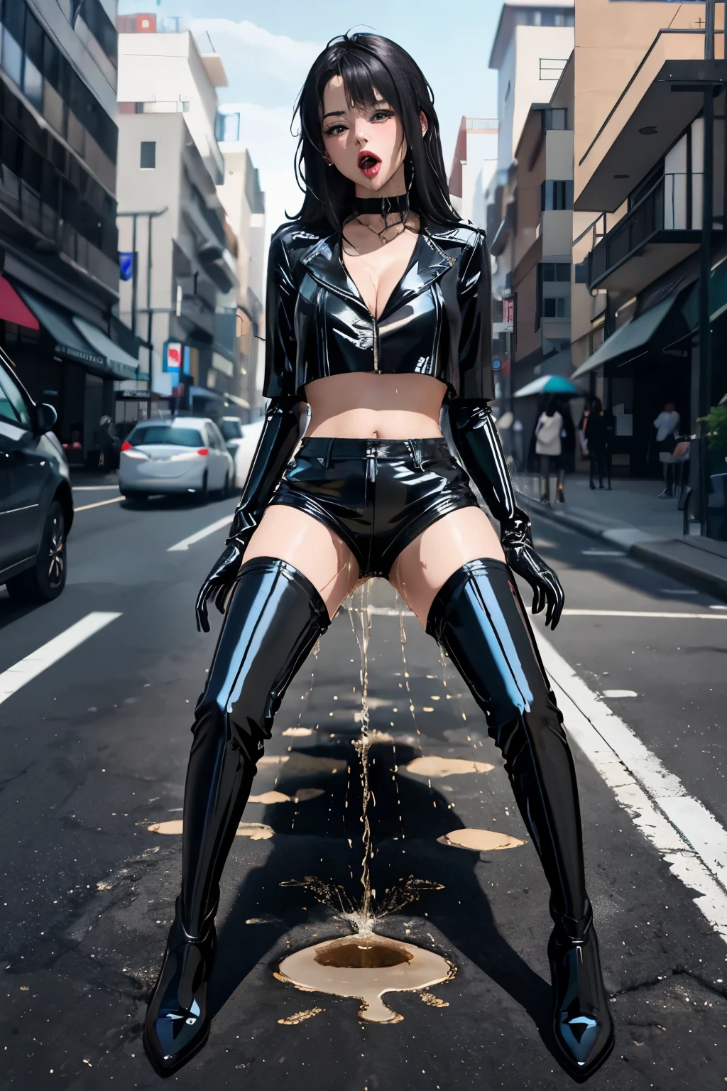 highres, beautiful women, high detail, good lighting, lewd, hentai, (((black latex shorts))), (((black latex thigh high boots))), black latex top, bare midriff, (bare thighs), (black latex gloves), leather choker, wet shorts, (((wetting herself))), (((peeing herself))), (((peeing self))), (pee streaming down legs), peeing stain, (puddle), (thick thighs), nice long legs, lipstick, detailed face, pretty face, seductive face, sexually aroused, sexually excited, ((in public city sidewalk)), hihelz