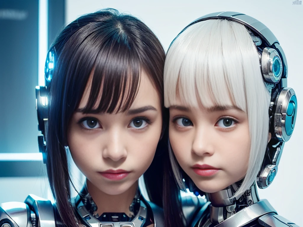 (RAW photo:1.2), (photorealistic:1.4),(masterpiece:1.3),(best quality:1.4),ultra high res, (((2girls))), (night scene), (((cyberpunk))), (cinematic), no text, face to face, breast press AND (((2girls))), <lora:virtualgirlAim_v20:0.7>, maiden, long hair, bangs, (white hair), (blue eyes), (cyborg:1.6), medium breasts, (slender girl), (cute), ((pout)), (Innocent),(smirk) AND (((2girls))), <lora:virtualgirlRin_v20:0.4>, maiden, bangs, bob hair, short hair, (brown hair), (brown eyes), (cyborg:1.6), medium breasts, machine arm, (slender girl), choker, (grin), (cute)