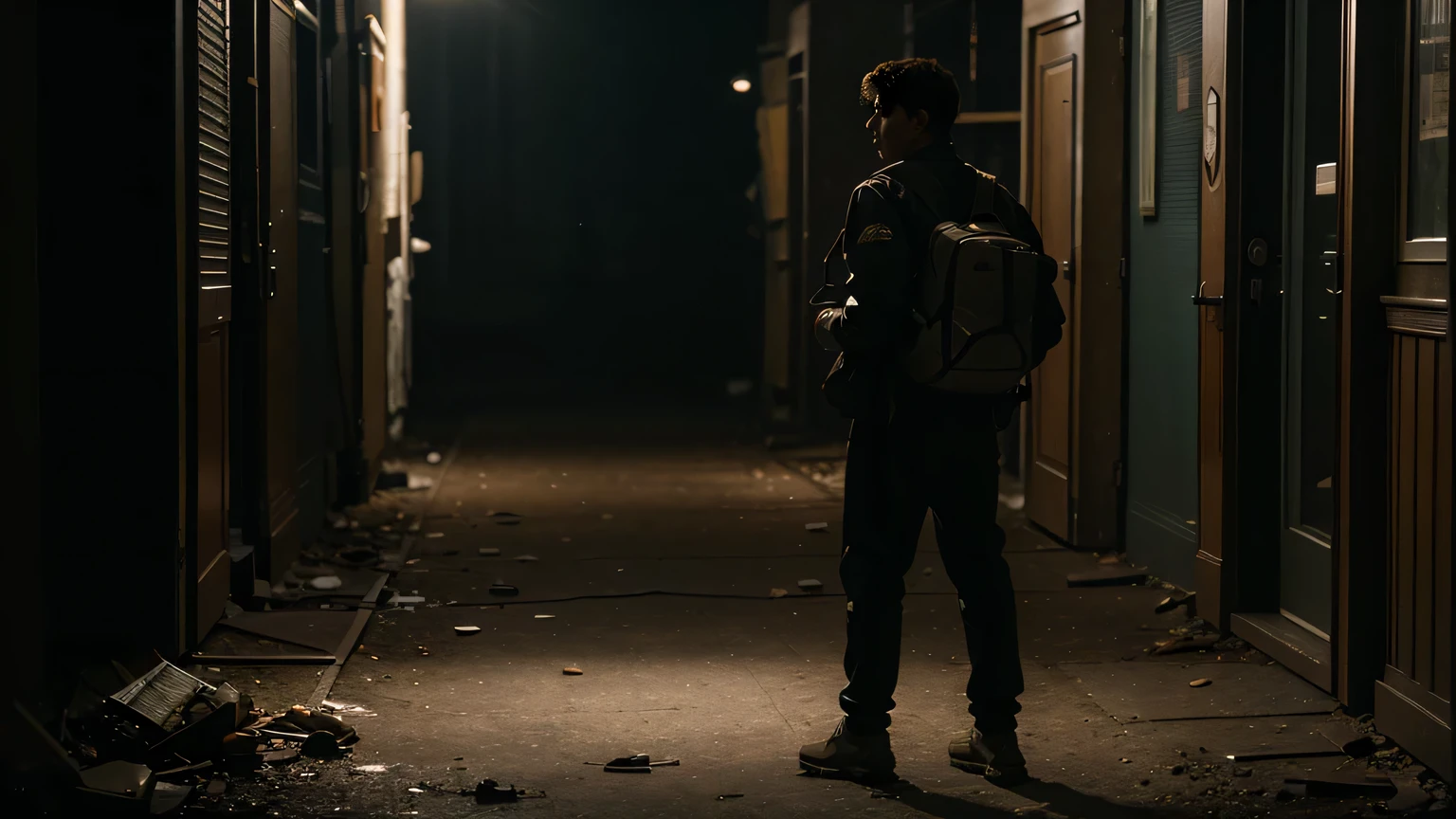 delivery man standing, corpo todo, Horror, Quebrado, distorcido, luz distorcida, Cinematic masterpiece, ultra high resolution, alta qualidade, cinematic lighting,