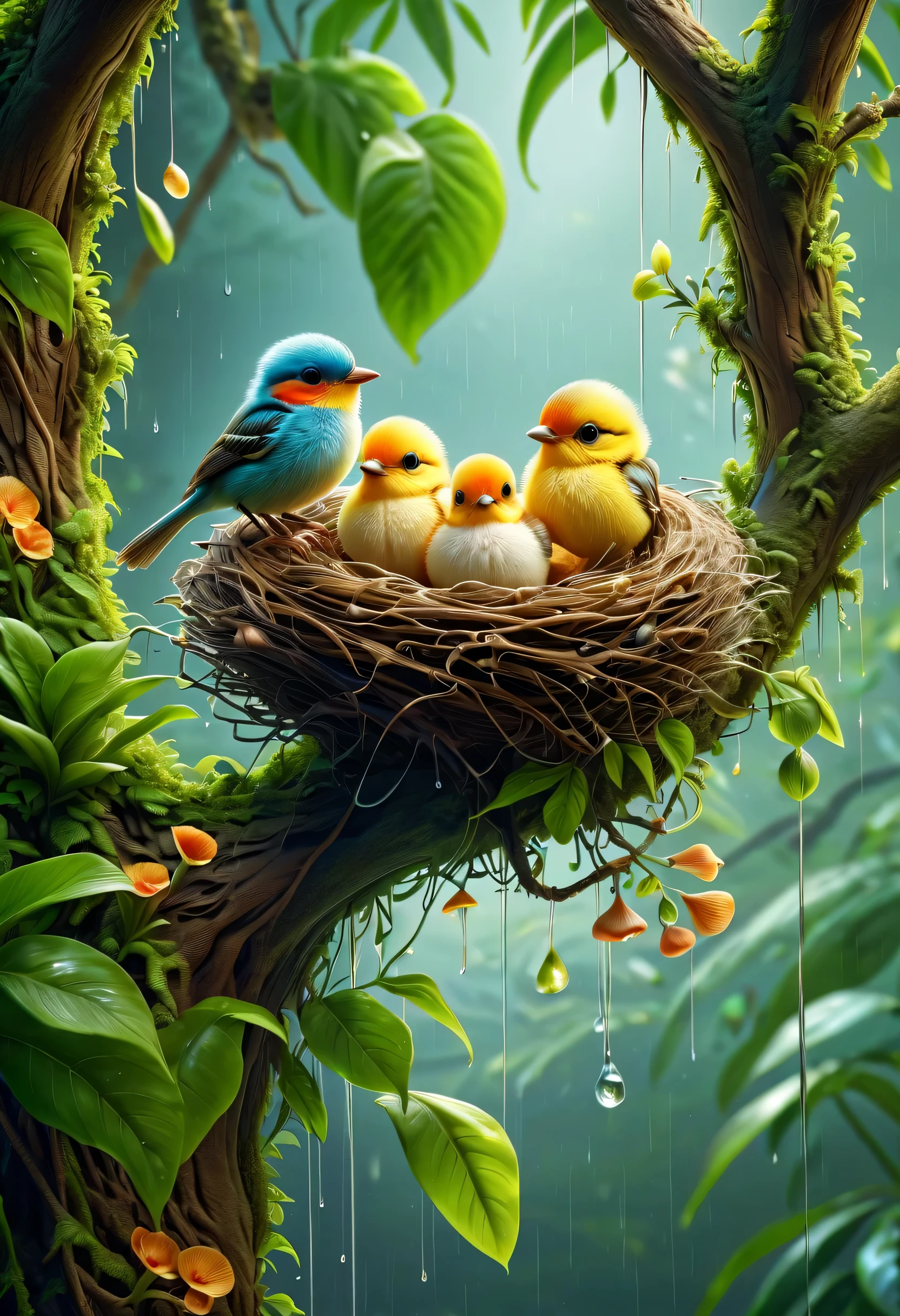 （best quality，4K，8k，high-rise，masterpiece：1.2），super detailed，lifelike，clear focus，human development report，ultra high definition，studio lighting，main，spring，Beautiful nest in the tropical rainforest，Beautifully woven bird&#39;lair，hang，bird&#39;lair hanging on tree：1.37，（（colorful baby bird）），3 cute baby birds at home，rain，Colorful little mushrooms