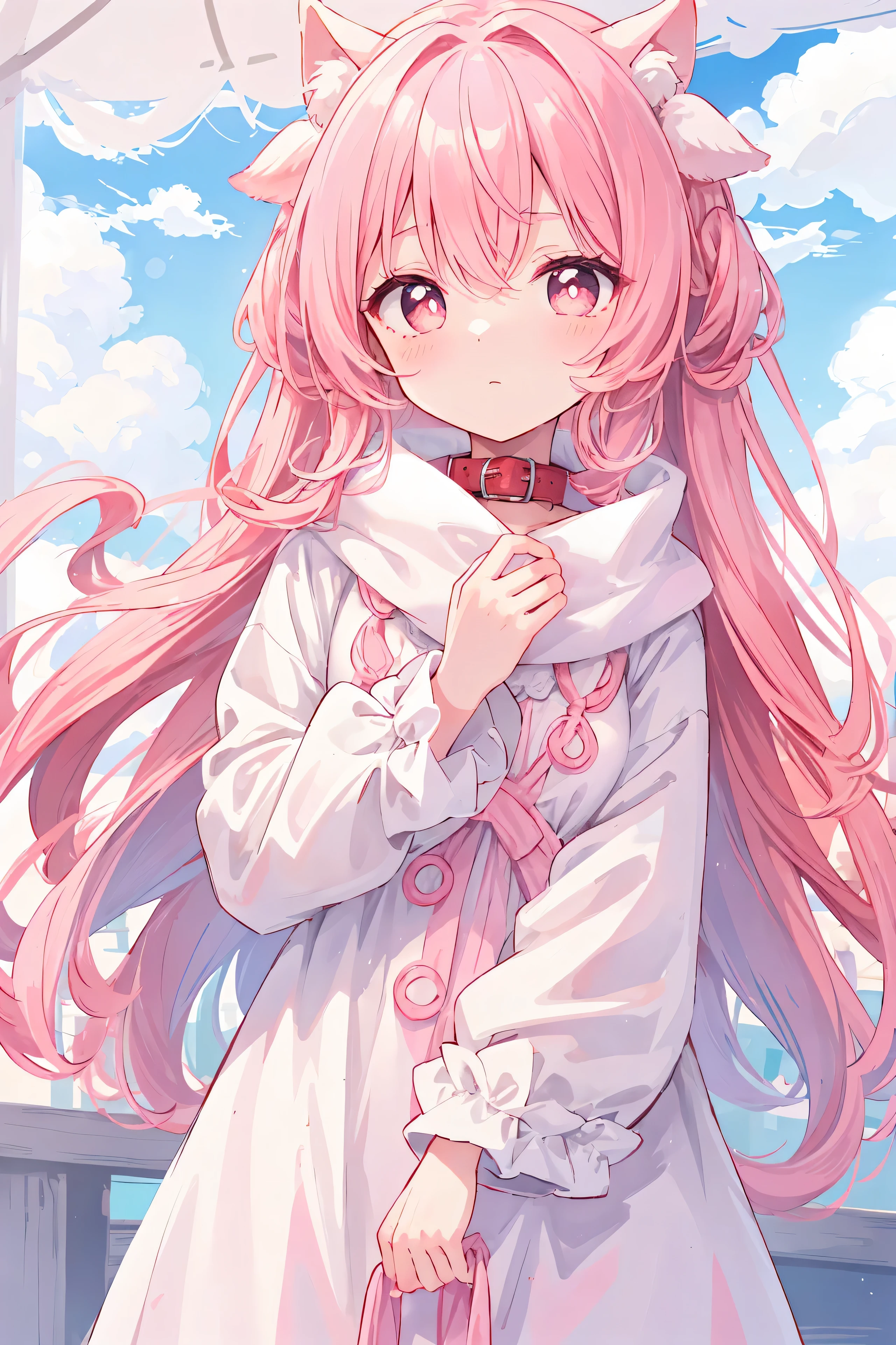 Fond fantastique sur les nuages,aux cheveux roses,Pupilles rouges,Des vêtements blancs doux et crémeux,Il y a des châles roses,Il a un gros col mignon et laiteux,mignon ,Style bidimensionnel