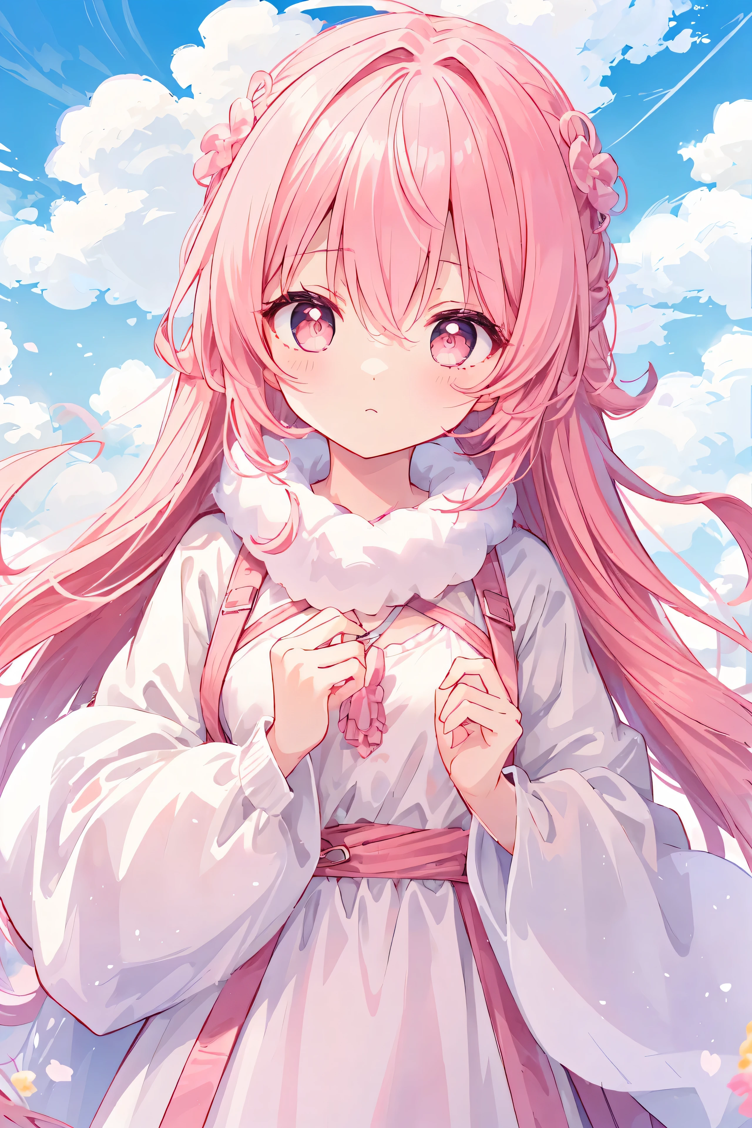 Fond fantastique sur les nuages,aux cheveux roses,Pupilles rouges,Des vêtements blancs doux et crémeux,Il y a des châles roses,Il a un gros col mignon et laiteux,mignon ,Style bidimensionnel