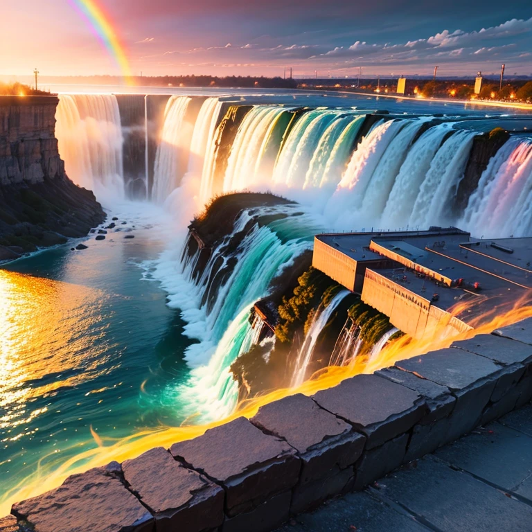 Rainbow reflected in Niagara Falls at sunset, Feel the vast workings of the world and nature., Stunning scenery and splashing water, Beautiful energy that merges with space --automatic