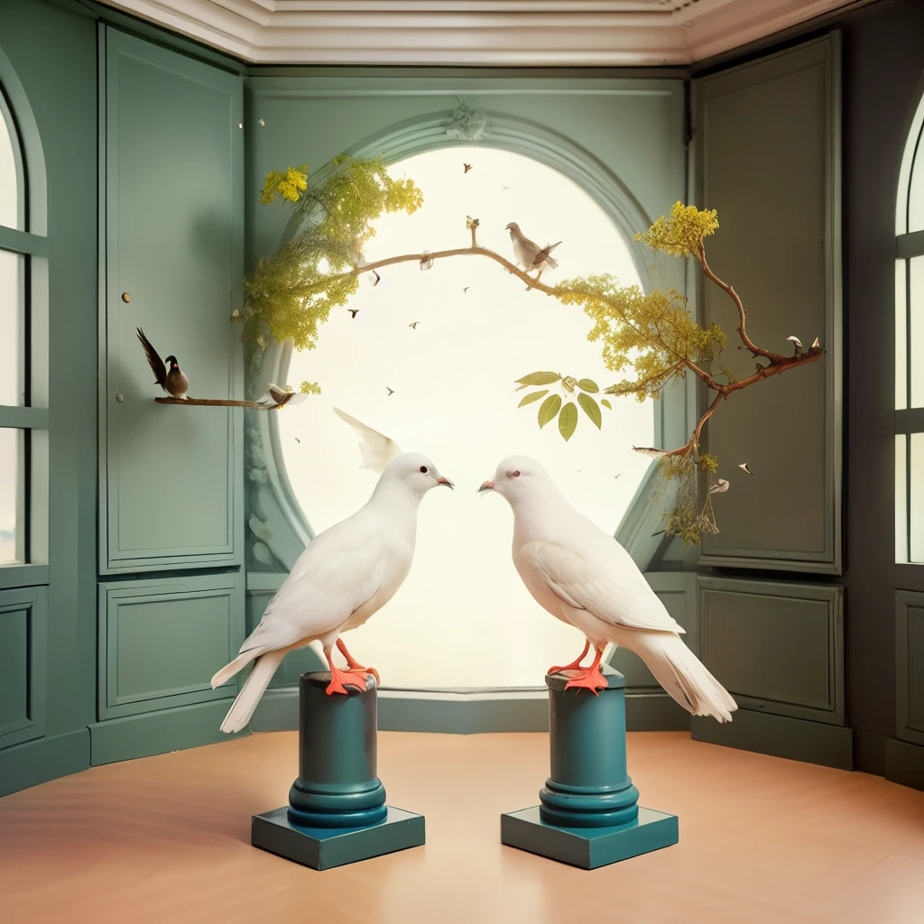 There are two white birds standing on a pedestal in front of the window, pigeons : : Rococo, inspired by Frieke Janssens, by Joop Sanders, pigeons, author：Daniel Mertens, David La Chapelle, author：david bailey, author：Paul Bird, Surreal sparrows, Danila Tkachenko