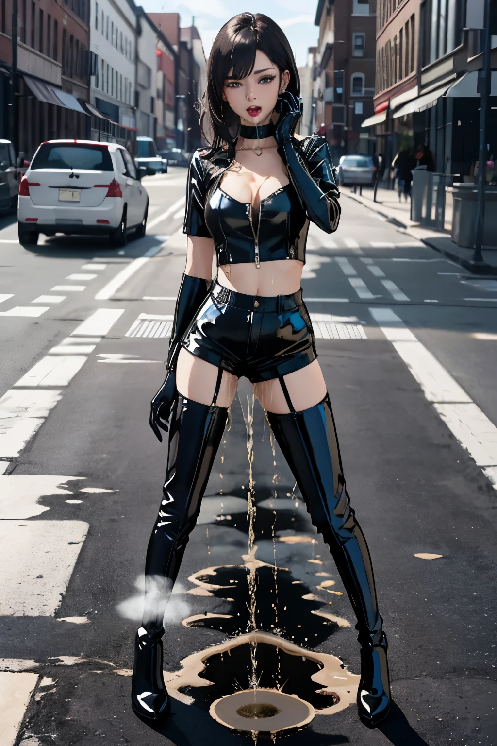 highres, beautiful women, high detail, good lighting, lewd, hentai, (((black latex shorts))), (((black latex thigh high boots))), black latex top, bare midriff, (bare thighs), (black latex gloves), leather choker, wet shorts, (((wetting herself))), (((peeing herself))), (((peeing self))), (pee streaming down legs), peeing stain, (puddle), (thick thighs), nice long legs, lipstick, detailed face, pretty face, seductive face, sexually aroused, sexually excited, ((in public city sidewalk)), hihelz, (view of butt)