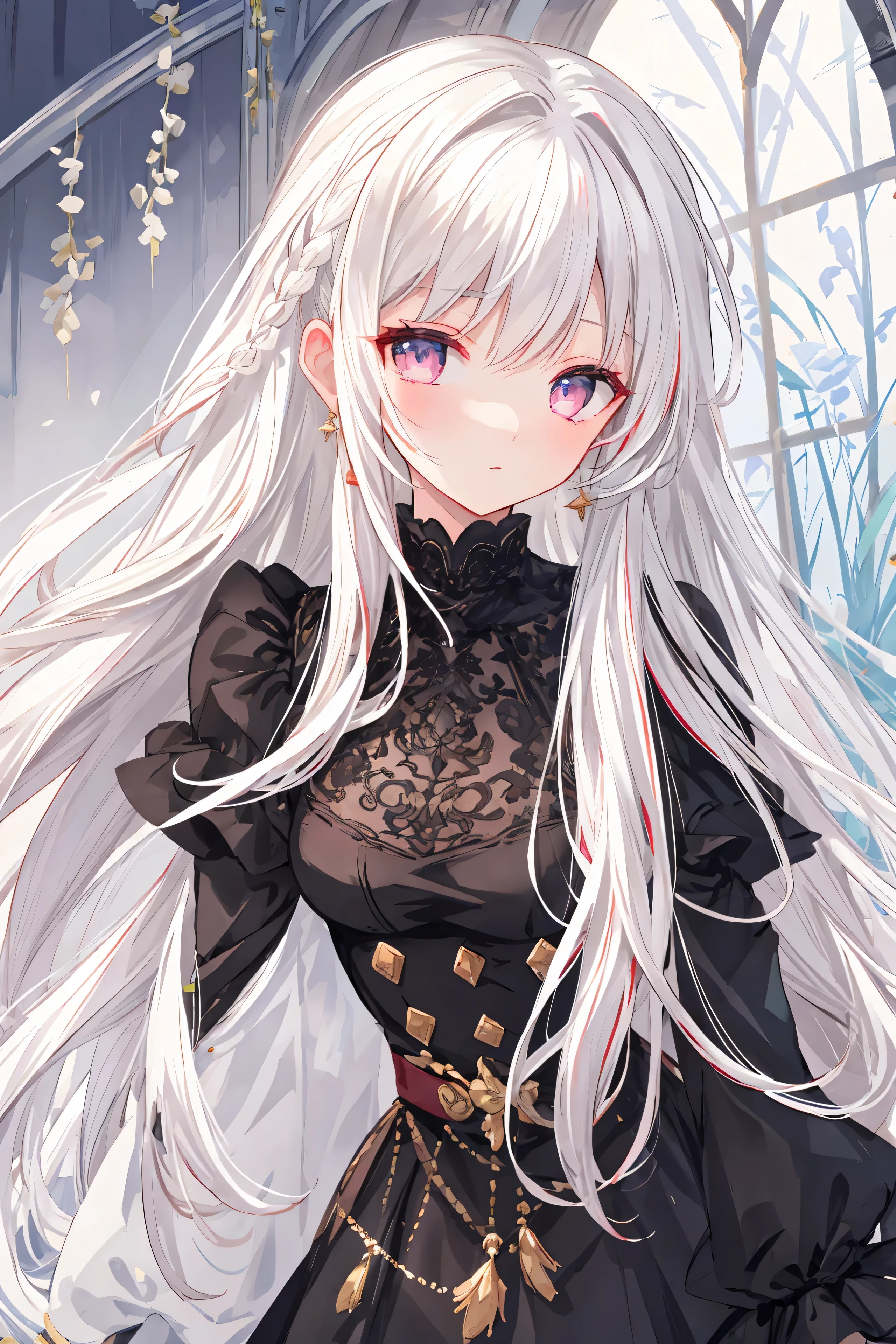 ((chef-d'artwork, best quality))++, detailed light+, hair detail+, detail hand+ ,1fille, femme, Cheveux longs, yeux cramoisis, beaux yeux, Jeunes cheveux gris,,(beaux cheveux blancs:1.5),(Beautiful detailed eyes), high resolution+, soie noire , une jupe noire, Tons de verre, Reflective Eyes, {{Angle}} , fond d'extremely detailed screen, original, ,