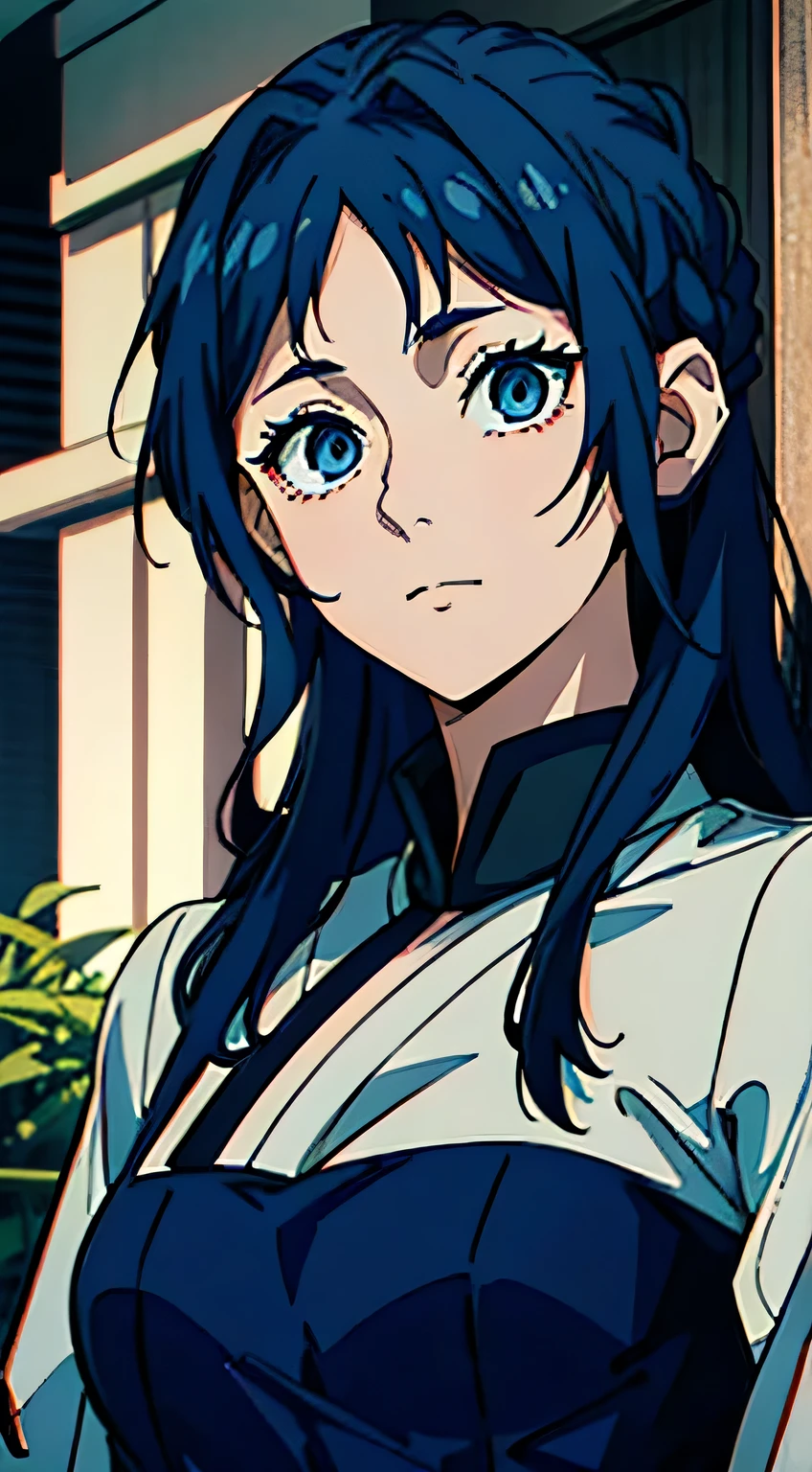 jujutsu kaisen anime screencap of a female with wavy navy blue hair and navy blue eyes. she is extremely beautiful and elegant-looking. she has almond-shaped eyes. She is wearing a jujutsu kaisen uniform. She has a small smile in her face and her eyes are glowing. dark atmosphere and menacing atmosphere. Shibuya Japan. Buildings. MAPPA animation studio screencap. jujutsu kaisen.

