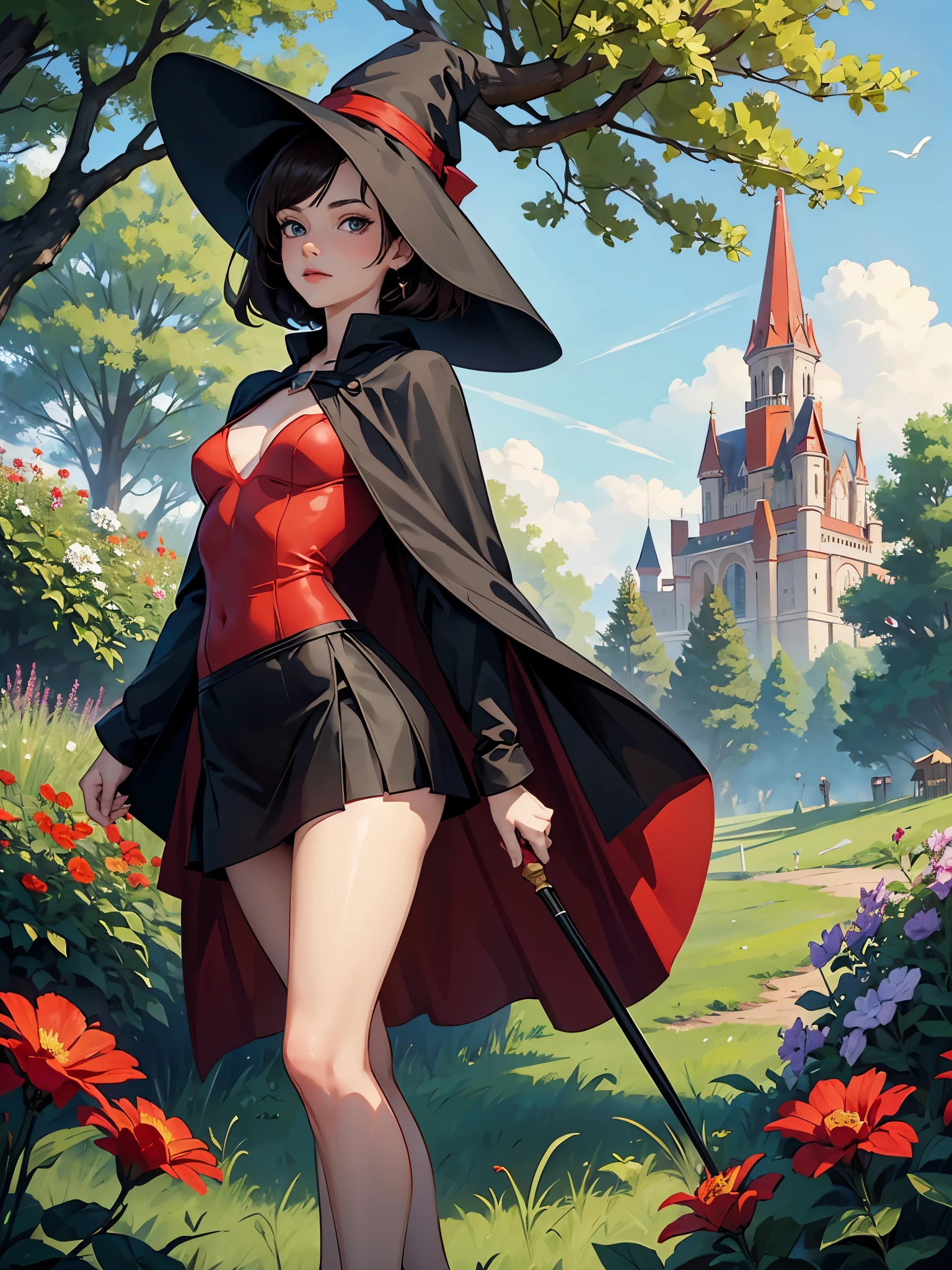 1 woman, small breasts, micro micro skirt, red dress, black cloak, short girl, bandages, witch hat, magic stick, short hairs, brunette, scenery, green fields, tree, flowers, looking at viewer, miniskirt