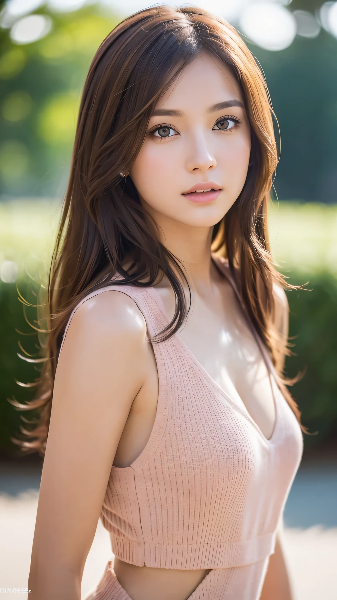 ((1girl)), Brown hair, Amazing face and eyes, Pink eyes, (amazingly beautiful girl), Brown hair, ((Best Quality)), (Ultra-detailed), (extremely detailed CG unified 8k wallpaper), Highly detailed, High-definition raw color photos, Professional Photography, (((Bokeh))), depth of fields,