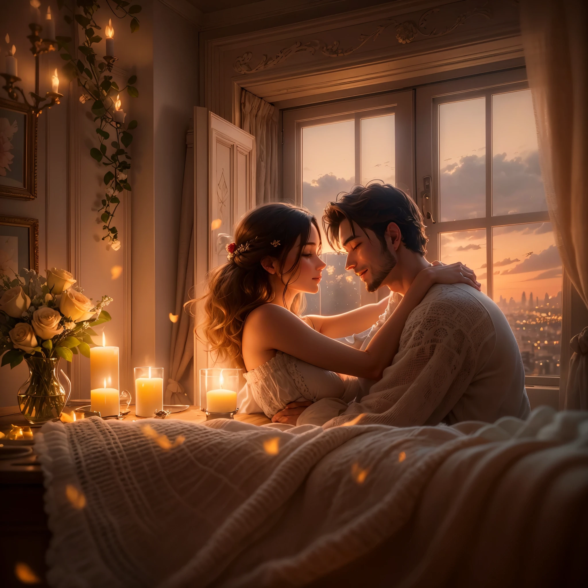 a cozy love nest,romantic details,intimate atmosphere,soft lighting,candlelit dinner,floral decorations,warm color tones,soft textures,lovers embracing,gentle kisses,whispered words of love,peaceful ambiance,heart-shaped decorations,lovely music playing in the background,carefully arranged pillows,romantic artwork hanging on the walls,thoughtful surprises,entwined hands,shared laughter,passionate embraces,meaningful conversations,couples' portraits,love letters scattered on the table,flickering fireplace,sparkling champagne,romantic sunset view,private balcony overlooking a beautiful landscape,intimate dinner for two,love notes hidden around the room,scented candles filling the air,soft jazz music creating a relaxed mood,beautifully arranged roses,breakfast in bed,gentle morning light streaming through the window,lovers cuddling under a cozy blanket,shared dreams and aspirations. (best quality,4k,8k,highres,masterpiece:1.2),ultra-detailed,(realistic,photorealistic,photo-realistic:1.37),soft colors,painterly style,romantic ambiance,warm and inviting atmosphere.
