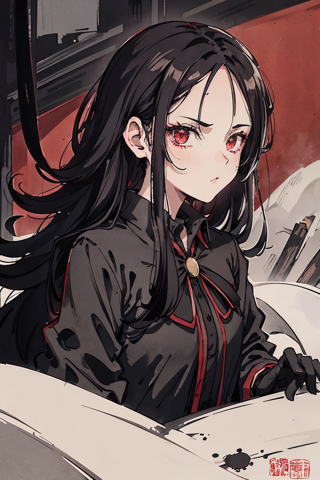 Dark silhouette, upper body, dark shadows, only silhouette, 1boy, male, black hair, messy hair, red eyes, shadow, dark aura, looking at viewer, deadpan face, shadow, black gloves, 8k, high resolution, high-resolution, super detailed, eyed details, red eyes, messy white hair, black hair, Bangs cover the forehead