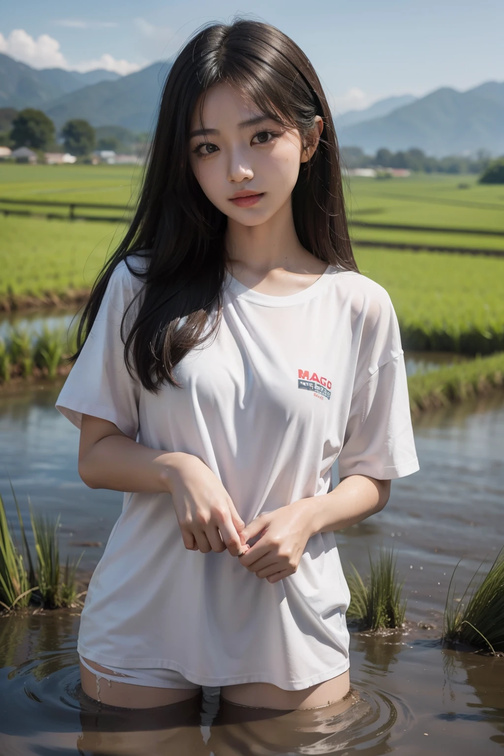 Masterpiece, top image quality, high resolution, solo performance, Korean girl, near a rice field, clothes mixed with mud, almost naked, white T-shirt with the word "slap" written on it, seductive smile, exposing a small amount of skin, muddy body, glistening with moisture, rice paddies in the background, expressive eyes, messy hair, alluring gaze towards the camera.