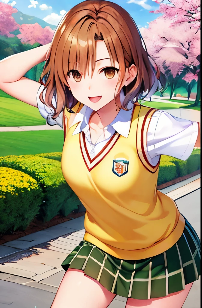 Risa Momioka, game cg, masterpiece, highest quality, High resolution, 1 girl, alone, short hair, brown hair, brown eyes, chest, clavicle, school uniform, collared shirt, white shirt, sweater vest, (Yellow vest:1.1), short sleeve, plaid skirt, green skirt, open your mouth, turn your arms behind your back, Are standing, leaning forward, cowboy shot, cherry blossoms, outdoor, smile