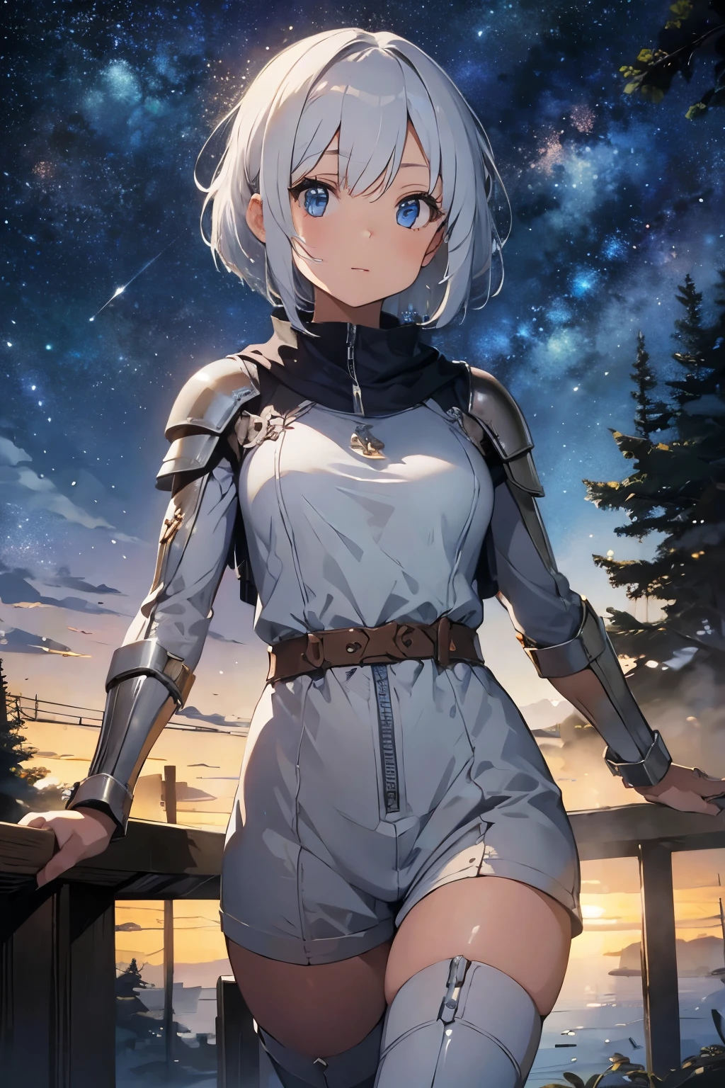 (((masterpiece))), (((best quality))), ((ultra-detailed)), (cinematic lighting), (illustration), (beautiful detailed eyes), (1girl), full body, space, knight, armour, light hair, walking, castle in distance, best quality, expressive eyes, perfect face, Girl: (20s, white hair, short hair, grey jumpsuit, blue and silver armour),