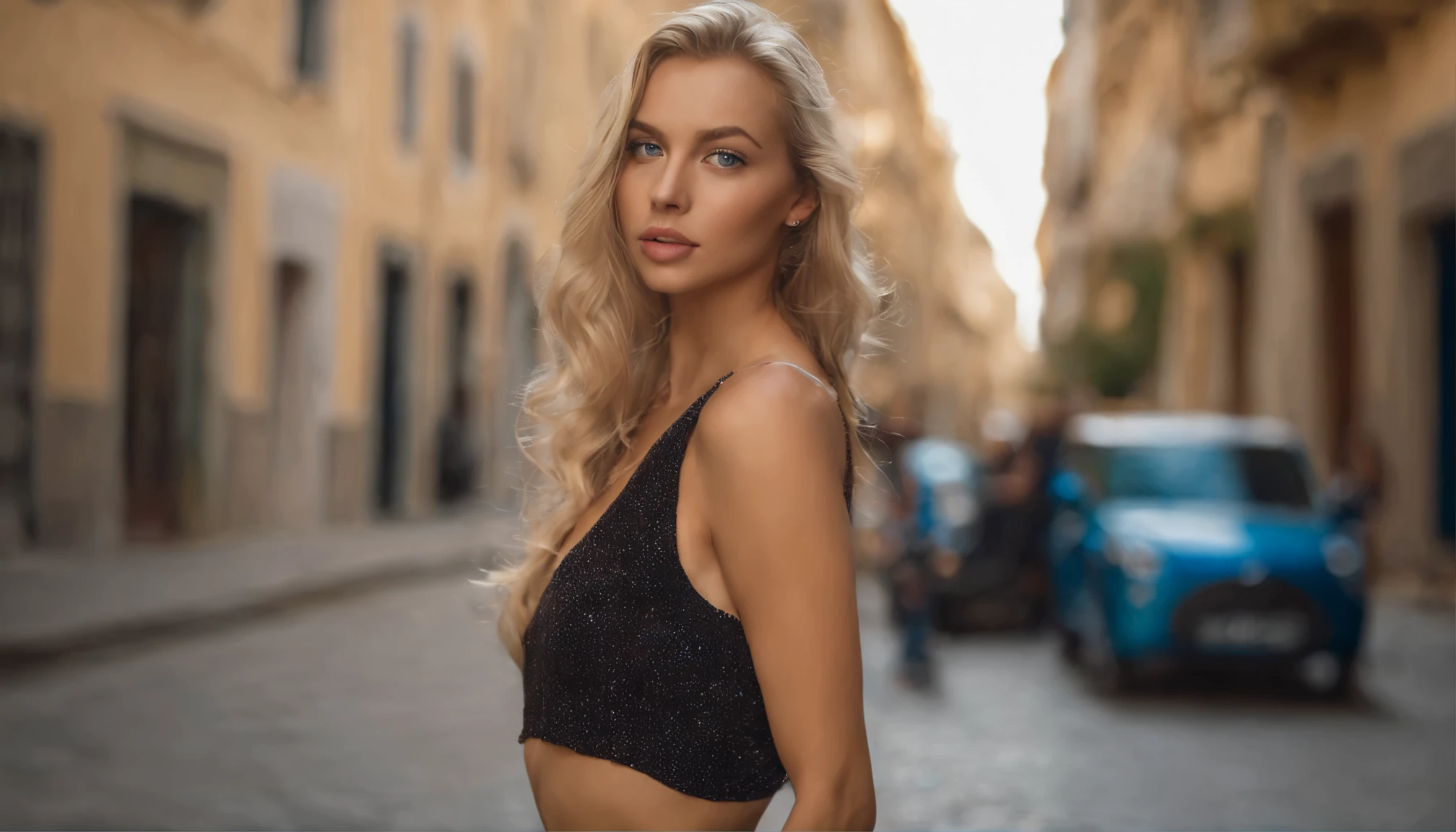 Oman with matching tank top and panties, sexy girl with blue eyes, Portrait Sophie Mudd, Portrait of Corinna Kopf, blonde hair and big eyes, young woman, ohne Maquillage, natural make-up, Face with Artgram, dezentes Maquillage, Gorgeous full body photo, Walking in the city, big , Blonde, Latin