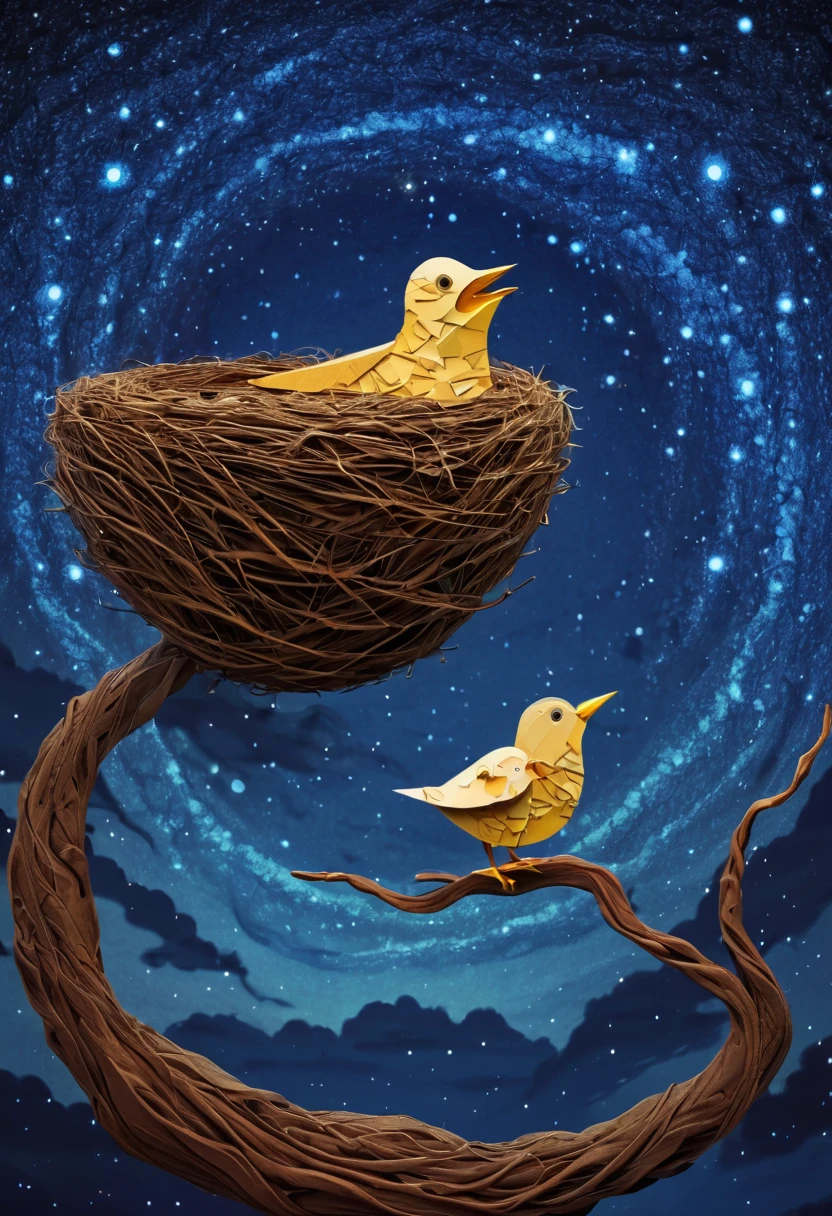 a bird, the bird is abnormally fat and the nest is located in a bonsai, the nest breaks due to the weight of the chick and the chick falls, in a pot, surreal, funny, comic, starry sky, zentangle, origami, cinematic, emotional, epic, vincent van gogh,....by my self...lol