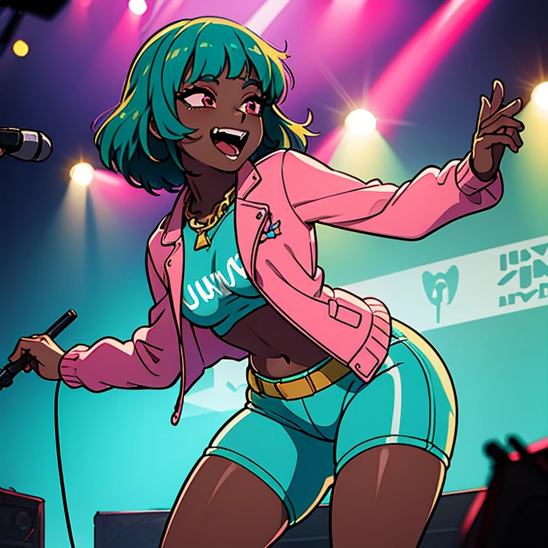 ((masterpiece)), high quality, best quality, beautiful, hd, perfect lighting, detailed face, detailed body, 1 girl, solo, full body view, wide angle, ((dark brown skin:1.3)), ((turquoise hair:1.3)), (pink eyes, small breasts), singing, on stage, microphone in hand, music festival, rapping, concert, wearing a pink jacket and some tight hot pants, gold chain, sunglasses, cheerful,