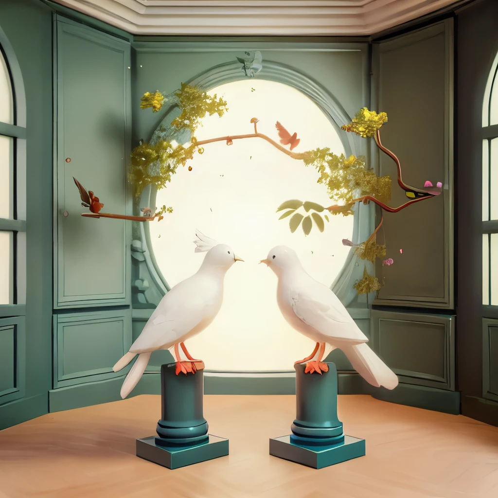 There are two white birds standing on a pedestal in front of the window, pigeons : : Rococo, inspired by Frieke Janssens, by Joop Sanders, pigeons, author：Daniel Mertens, David La Chapelle, author：david bailey, author：Paul Bird, Surreal sparrows, Alexander Kucharsky