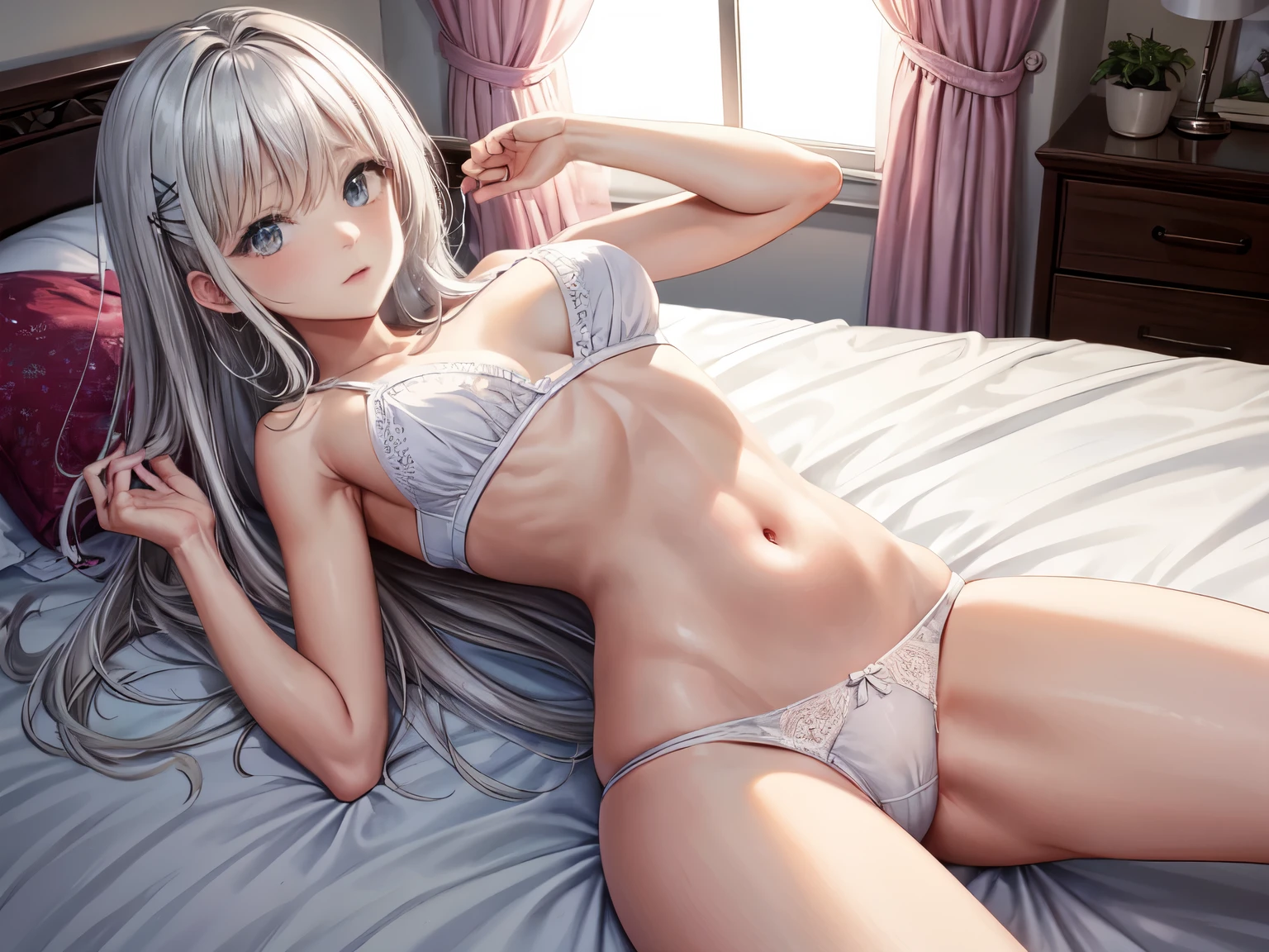 a man is reaching into a woman's panties on a bed behind her, underwear, panties, 1girl, white panties, navel, bow, bow panties, panty pull