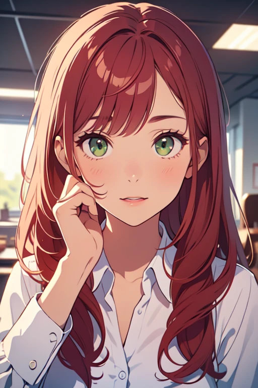 ((best quality)), ((masterpiece)), (detailed), perfect face, woman wearing office clothes, red hair, long hair, green eyes,