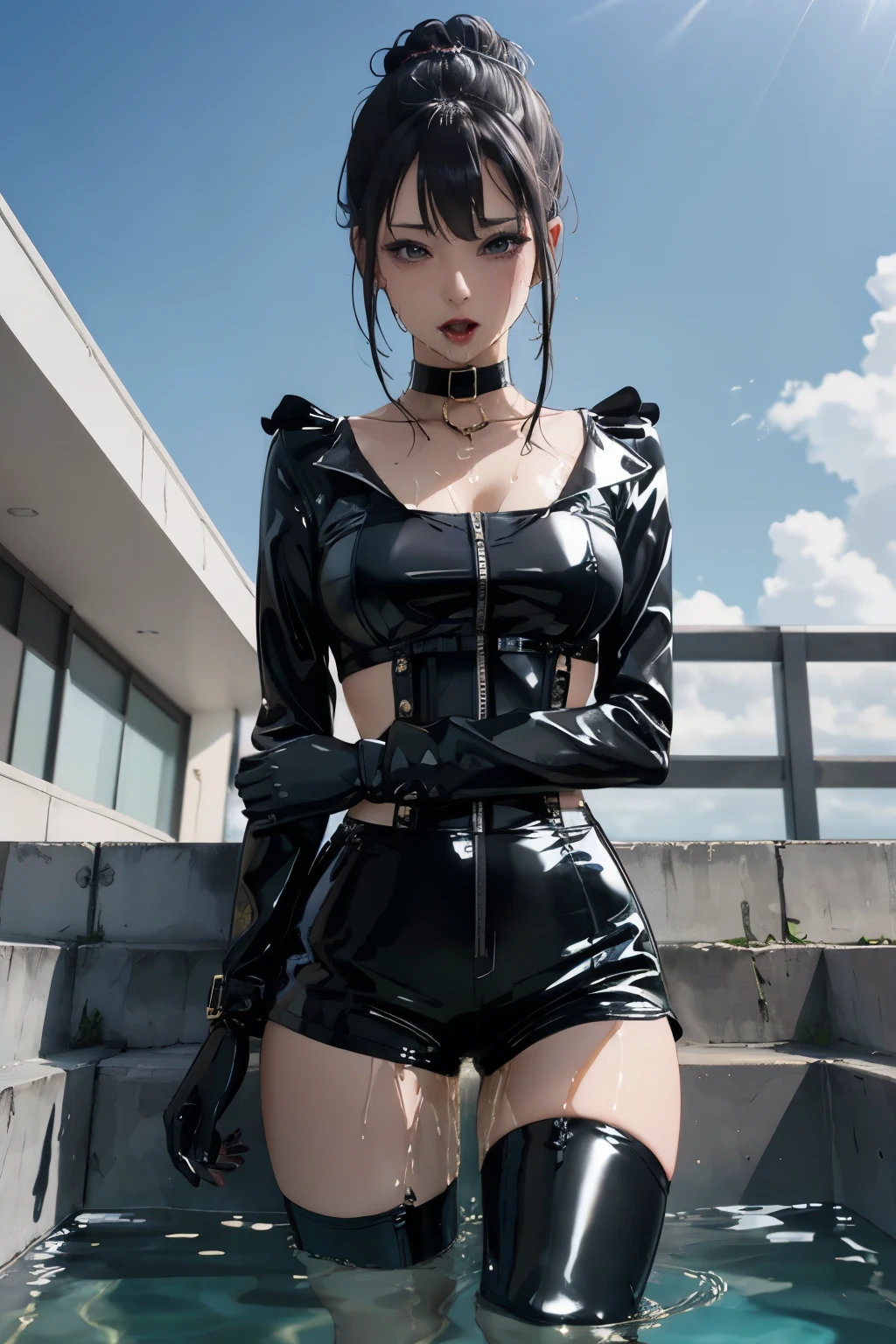 highres, beautiful women, high detail, good lighting, lewd, hentai, (((latex shorts))), (((black latex thigh high boots))), latex top, bare midriff, (bare thighs), (black latex gloves), leather choker, wet shorts, (((wetting herself))), (((peeing herself))), (((peeing self))), (pee streaming down legs), peeing stain, (puddle), (thick thighs), nice long legs, lipstick, detailed face, pretty face, seductive face, sexually aroused, sexually excited, ((in water bathing)), hihelz, (view of butt)