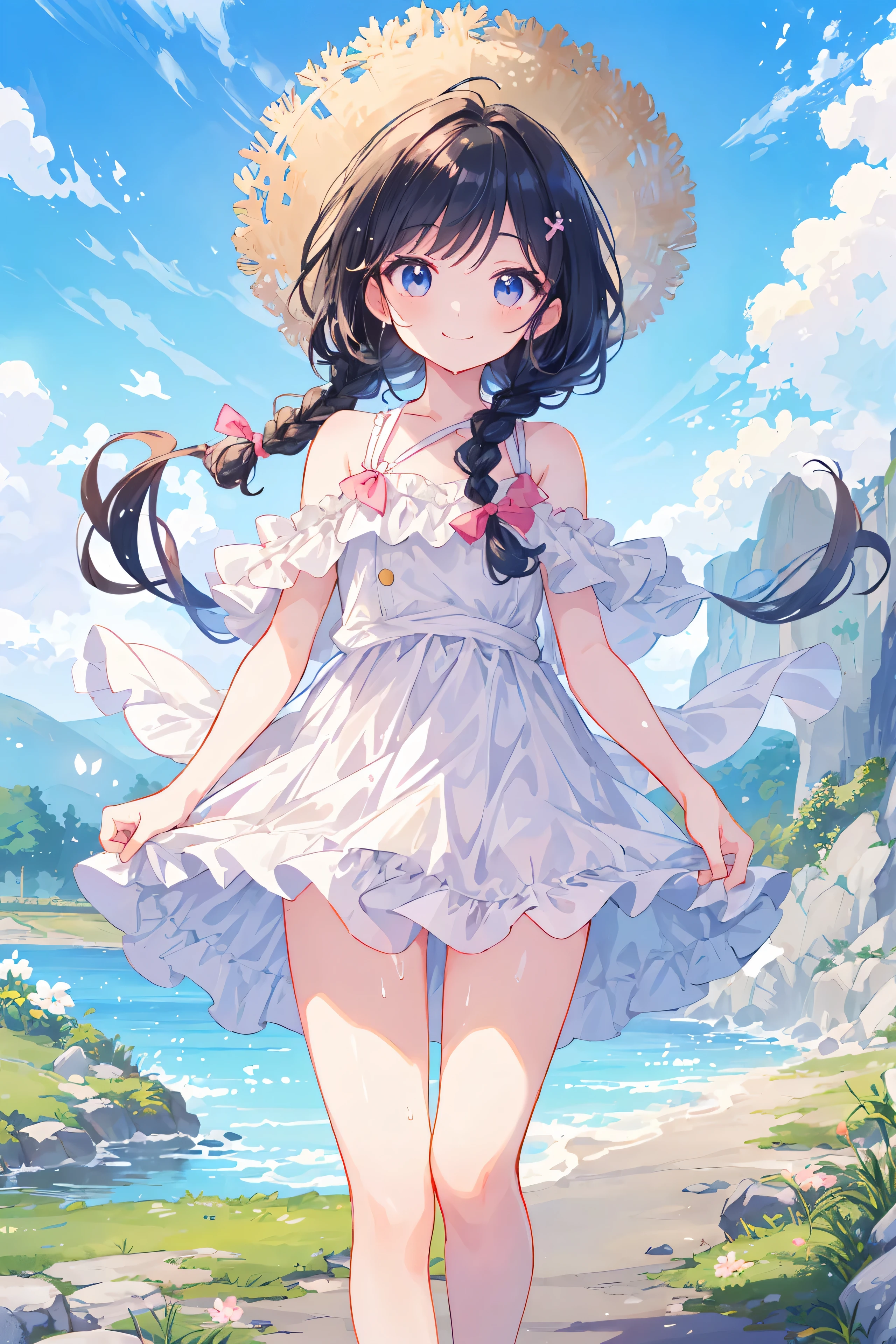 score_9, score_8_up, score_7_up, score_6_up, rating_safe, masterpiece, best quality, ultra detailed, anime style, 1girl, young, cute, (oily skin), (shiny body), (slender, lean, thin legs), long wavy hair, black hair, blue eyes, white dress, straw hat, waving, garden, colorful flowers, dancing, warm, beautiful face, happy, pov from side, 