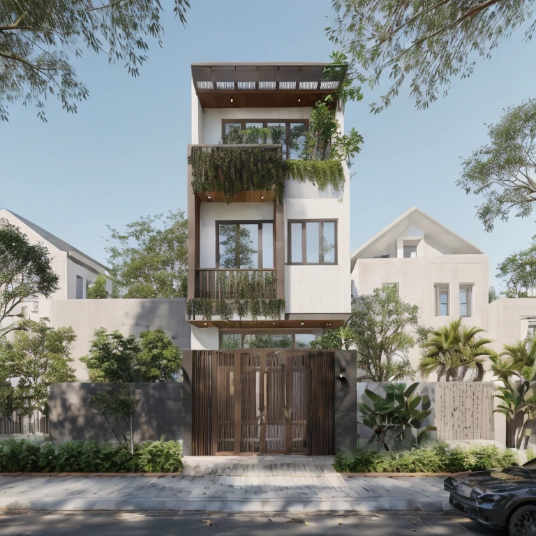 Townhouse in city, (sharp focus) front view of townhouse in style of modern, Vietnamese architecture, east asian architecture, town, blue sky, daylight, warm light, warm atmosphere, high Resolution, 8k, hdr, vray render, hyper realistic, ultra detail, hyper detailed, exterior design  professional photography, exterior photography, wide-angle shot, real world location, road sign, cityscape, pavement, (brown wooden ceilings, ceiling light, glass bancony, the front wall of the ground floor is made by black granite), (bancony have many trees, plans, ivy, palm)