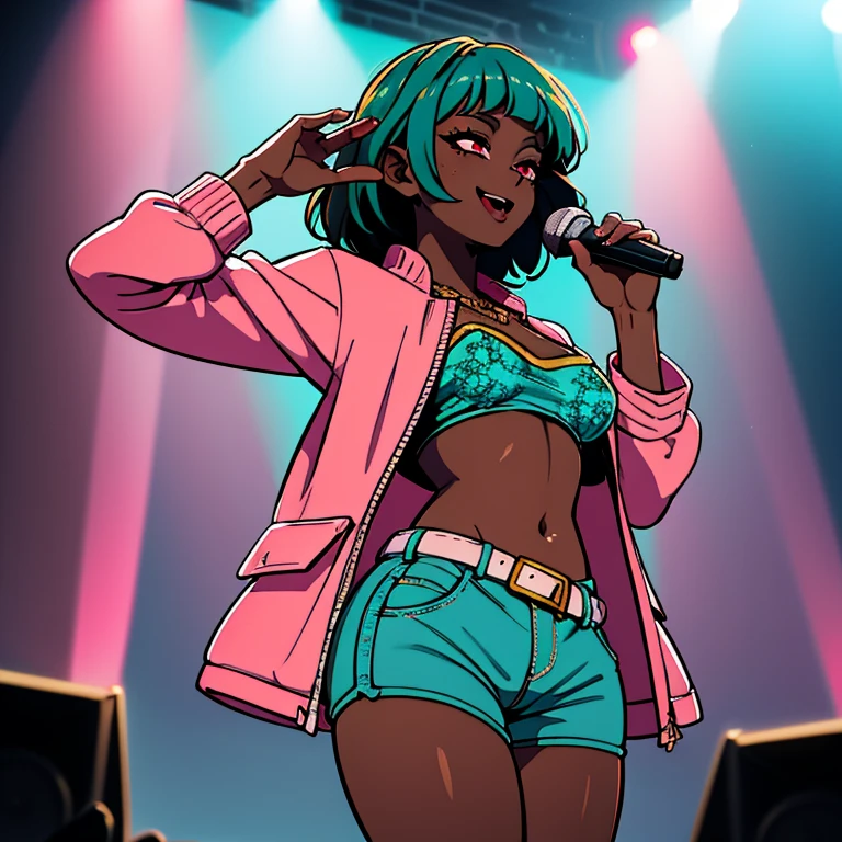 ((masterpiece)), high quality, best quality, beautiful, hd, perfect lighting, detailed face, detailed body, 1 girl, solo, full body view, wide angle, ((dark brown skin:1.3)), ((turquoise hair:1.3)), (pink eyes, small breasts), singing, on stage, microphone in hand, music festival, rapping, concert, wearing a pink jacket and some tight hot pants, gold chain, sunglasses, cheerful,