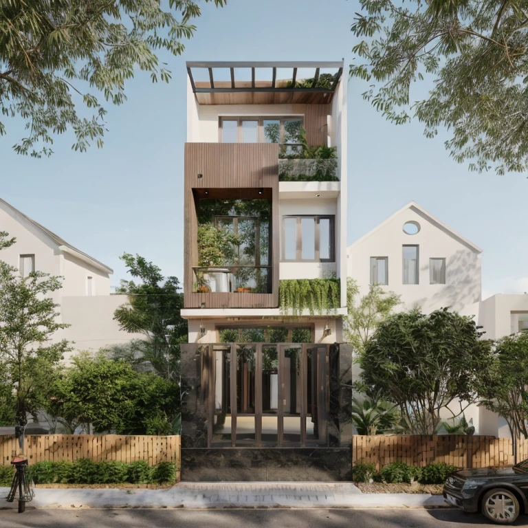 Townhouse in city, (sharp focus) front view of townhouse in style of modern, Vietnamese architecture, east asian architecture, town, blue sky, daylight, warm light, warm atmosphere, high Resolution, 8k, hdr, vray render, hyper realistic, ultra detail, hyper detailed, exterior design  professional photography, exterior photography, wide-angle shot, real world location, road sign, cityscape, pavement, (brown wooden ceilings, ceiling light, glass bancony, the front wall of the ground floor is made by black granite), (bancony have many trees, plans, ivy, palm)