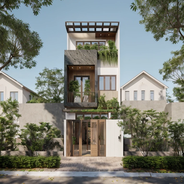 Townhouse in city, (sharp focus) front view of townhouse in style of modern, Vietnamese architecture, east asian architecture, town, blue sky, daylight, warm light, warm atmosphere, high Resolution, 8k, hdr, vray render, hyper realistic, ultra detail, hyper detailed, exterior design  professional photography, exterior photography, wide-angle shot, real world location, road sign, cityscape, pavement, (brown wooden ceilings, ceiling light, glass bancony, the front wall of the ground floor is made by black granite), (bancony have many trees, plans, ivy, palm)