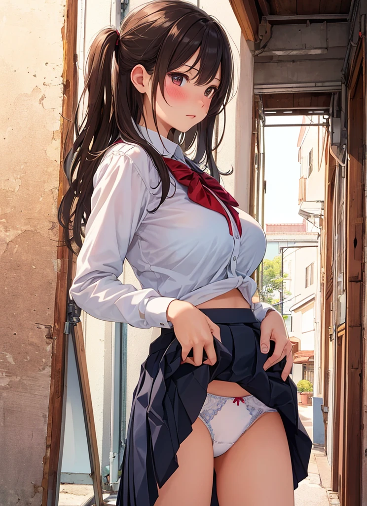(masterpiece:1.2, highest quality), Super detailed illustrations, perfect anatomy, (skirt lift:1.5), ((skirt grab)),((panties)), alone, 1 female, big breasts, (blush all over the face), embarrassing, cowboy shot, school uniform, very fine hands, panty shot, ((accentuate white panties)), lift the skirt, place both hands in front of your stomach,