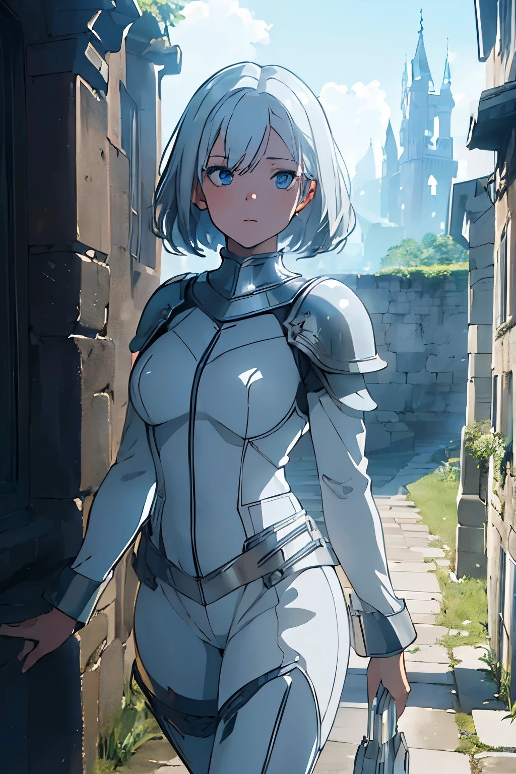 (((masterpiece))), (((best quality))), ((ultra-detailed)), (cinematic lighting), (illustration), (beautiful detailed eyes), (1girl), full body, space, knight, armour, light hair, walking, castle in distance, best quality, expressive eyes, perfect face, Girl: (20s, white hair, short hair, grey jumpsuit, blue and silver armour),